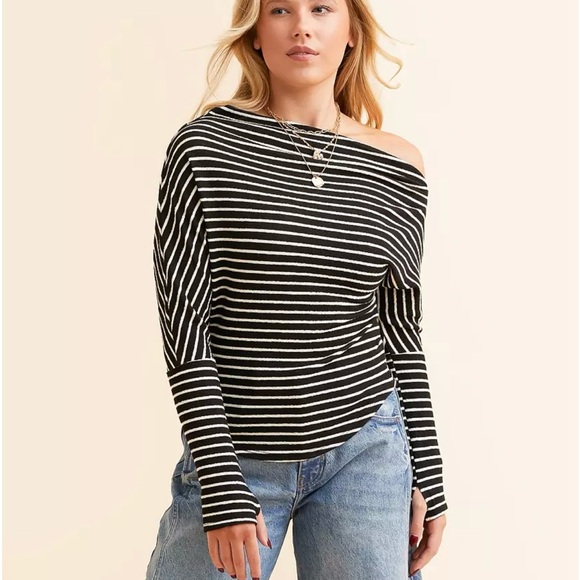 HYFVE Black and White Striped Off the Shoulder Boatneck Top - Picture 6 of 8